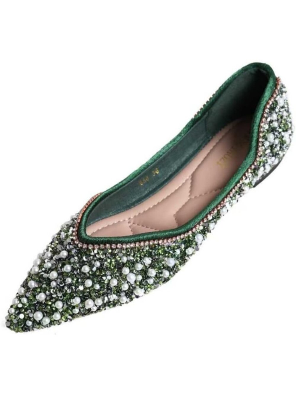 Women's Green Rhinestone Flats Pointed Toe Pearl Diamond Low Heel Ballet Shoes